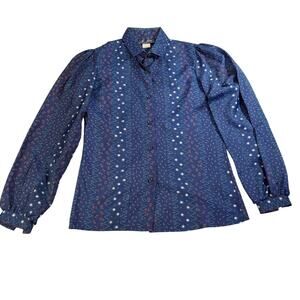 VTG Le Shirt womens navy button up, flowers, geometric. Size 3/4. 70s, 80s